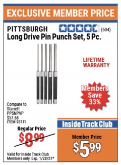 Harbor Freight ITC Coupon 5 PIECE LONG DRIVE PIN PUNCH SET Lot No. 93111 Expired: 1/28/21 - $5.99