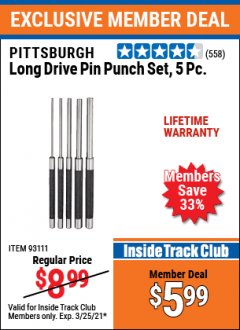 Harbor Freight ITC Coupon 5 PIECE LONG DRIVE PIN PUNCH SET Lot No. 93111 Expired: 3/25/21 - $5.99