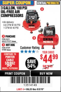Harbor Freight Coupon 3 GAL. 1/3 HP 100 PSI OIL-FREE HOTDOG AIR COMPRESSOR Lot No. 69269 Expired: 6/30/19 - $44.99