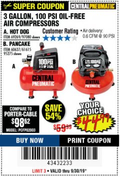 Harbor Freight Coupon 3 GAL. 1/3 HP 100 PSI OIL-FREE HOTDOG AIR COMPRESSOR Lot No. 69269 Expired: 9/30/19 - $44.99