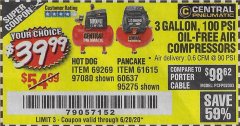 Harbor Freight Coupon 3 GAL. 1/3 HP 100 PSI OIL-FREE HOTDOG AIR COMPRESSOR Lot No. 69269 Expired: 6/20/20 - $39.99