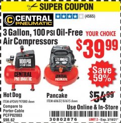 Harbor Freight Coupon 3 GAL. 1/3 HP 100 PSI OIL-FREE HOTDOG AIR COMPRESSOR Lot No. 69269 Expired: 3/18/21 - $39.99