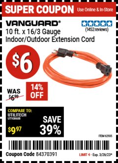 Harbor Freight Coupon 10FT.X16 GAUGE INDOOR/OUTDOOR EXTENSION CORD Lot No. 8857/62936/62935 Expired: 3/26/23 - $6
