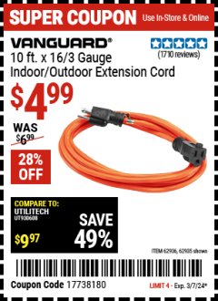 Harbor Freight Coupon 10FT.X16 GAUGE INDOOR/OUTDOOR EXTENSION CORD Lot No. 8857/62936/62935 Expired: 3/7/24 - $4.99