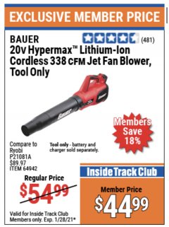 Harbor Freight ITC Coupon BAUER 20 VOLT LITHIUM CORDLESS JET FAN BLOWER Lot No. 64942 Expired: 1/28/21 - $44.99