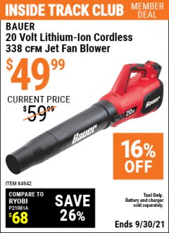Harbor Freight ITC Coupon BAUER 20 VOLT LITHIUM CORDLESS JET FAN BLOWER Lot No. 64942 Expired: 9/30/21 - $49.99