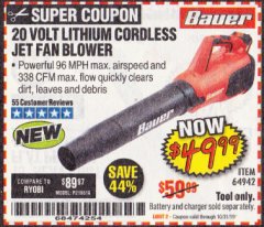 Harbor Freight Coupon BAUER 20 VOLT LITHIUM CORDLESS JET FAN BLOWER Lot No. 64942 Expired: 10/31/19 - $49.99