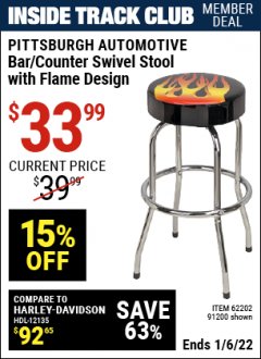 Harbor Freight ITC Coupon FLAME DESIGN BAR/COUNTER SWIVEL STOOL Lot No. 62202/91200 Expired: 1/6/22 - $33.99