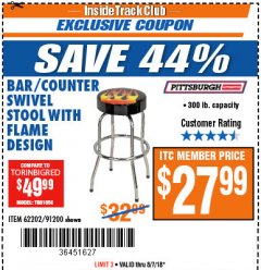 Harbor Freight ITC Coupon FLAME DESIGN BAR/COUNTER SWIVEL STOOL Lot No. 62202/91200 Expired: 8/7/18 - $27.99