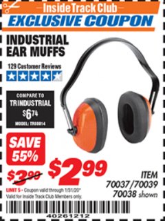 Harbor Freight ITC Coupon INDUSTRIAL EAR MUFFS Lot No. 70037/70039/70038 Expired: 12/31/19 - $2.99