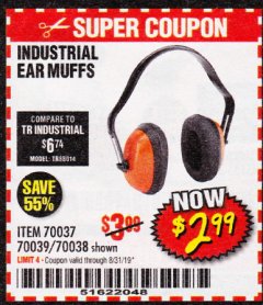 Harbor Freight Coupon INDUSTRIAL EAR MUFFS Lot No. 70037/70039/70038 Expired: 8/31/19 - $2.99