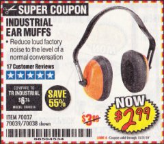 Harbor Freight Coupon INDUSTRIAL EAR MUFFS Lot No. 70037/70039/70038 Expired: 10/31/19 - $2.99