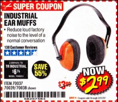 Harbor Freight Coupon INDUSTRIAL EAR MUFFS Lot No. 70037/70039/70038 Expired: 3/31/20 - $2.99