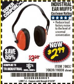Harbor Freight Coupon INDUSTRIAL EAR MUFFS Lot No. 70037/70039/70038 Expired: 6/30/20 - $2.99