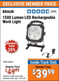 Harbor Freight ITC Coupon BRAUN 1500 LUMENS LED RECHARGEABLE WORK LIGHT Lot No. 64078 Expired: 10/31/20 - $39.99