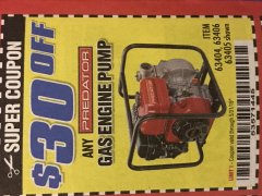 Harbor Freight Coupon $30 OFF ANY PREDATOR GAS ENGINE PUMP Lot No. 63404, 63406, 63405 Expired: 5/31/19 - $0.3