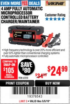 Harbor Freight Coupon 4 AMP FULLY AUTOMATIC MICROPROCESSOR CONTROLLED BATTERY CHARGER/MAINTAINER Lot No. 63350 Expired: 5/5/19 - $24.99