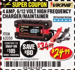 Harbor Freight Coupon 4 AMP FULLY AUTOMATIC MICROPROCESSOR CONTROLLED BATTERY CHARGER/MAINTAINER Lot No. 63350 Expired: 6/30/19 - $24.99