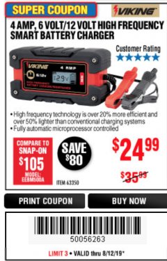 Harbor Freight Coupon 4 AMP FULLY AUTOMATIC MICROPROCESSOR CONTROLLED BATTERY CHARGER/MAINTAINER Lot No. 63350 Expired: 8/12/19 - $24.99