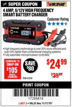 Harbor Freight Coupon 4 AMP FULLY AUTOMATIC MICROPROCESSOR CONTROLLED BATTERY CHARGER/MAINTAINER Lot No. 63350 Expired: 11/17/19 - $24.99