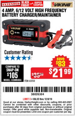 Harbor Freight Coupon 4 AMP FULLY AUTOMATIC MICROPROCESSOR CONTROLLED BATTERY CHARGER/MAINTAINER Lot No. 63350 Expired: 12/8/19 - $21.99