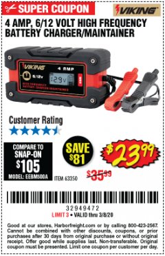 Harbor Freight Coupon 4 AMP FULLY AUTOMATIC MICROPROCESSOR CONTROLLED BATTERY CHARGER/MAINTAINER Lot No. 63350 Expired: 2/8/20 - $23.99
