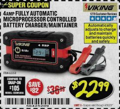 Harbor Freight Coupon 4 AMP FULLY AUTOMATIC MICROPROCESSOR CONTROLLED BATTERY CHARGER/MAINTAINER Lot No. 63350 Expired: 6/30/20 - $22.99
