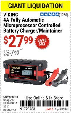 Harbor Freight Coupon 4 AMP FULLY AUTOMATIC MICROPROCESSOR CONTROLLED BATTERY CHARGER/MAINTAINER Lot No. 63350 Expired: 9/30/20 - $27.99