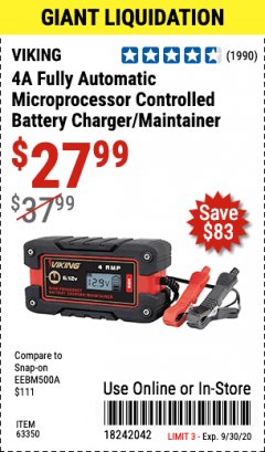 Harbor Freight Coupon 4 AMP FULLY AUTOMATIC MICROPROCESSOR CONTROLLED BATTERY CHARGER/MAINTAINER Lot No. 63350 Expired: 9/30/20 - $27.99