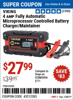 Harbor Freight Coupon 4 AMP FULLY AUTOMATIC MICROPROCESSOR CONTROLLED BATTERY CHARGER/MAINTAINER Lot No. 63350 Expired: 1/28/21 - $27.99