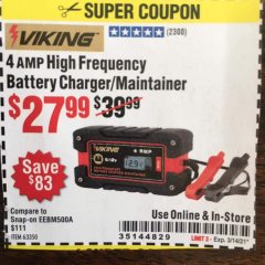 Harbor Freight Coupon 4 AMP FULLY AUTOMATIC MICROPROCESSOR CONTROLLED BATTERY CHARGER/MAINTAINER Lot No. 63350 Expired: 3/9/21 - $27.99