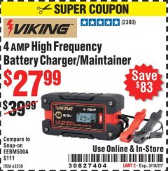Harbor Freight Coupon 4 AMP FULLY AUTOMATIC MICROPROCESSOR CONTROLLED BATTERY CHARGER/MAINTAINER Lot No. 63350 Expired: 3/18/21 - $27.99