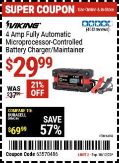 Harbor Freight Coupon 4 AMP FULLY AUTOMATIC MICROPROCESSOR CONTROLLED BATTERY CHARGER/MAINTAINER Lot No. 63350 Expired: 10/12/23 - $29.99