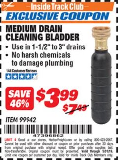 Harbor Freight ITC Coupon MEDIUM DRAIN CLEANING BLADDER Lot No. 99942 Expired: 5/31/19 - $3.99