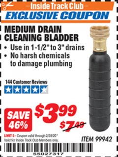 Harbor Freight ITC Coupon MEDIUM DRAIN CLEANING BLADDER Lot No. 99942 Expired: 2/29/20 - $3.99