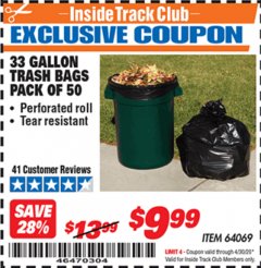 Harbor Freight ITC Coupon 33 GAL. TRASH BAGS 50 PK Lot No. 64069 Expired: 4/30/20 - $9.99