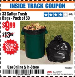 Harbor Freight ITC Coupon 33 GAL. TRASH BAGS 50 PK Lot No. 64069 Expired: 7/31/20 - $9.99