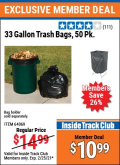 Harbor Freight ITC Coupon 33 GAL. TRASH BAGS 50 PK Lot No. 64069 Expired: 2/25/21 - $10.99