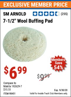 Harbor Freight ITC Coupon SM ARNOLD 7-1/2 IN WOOL BUFFING PAD Lot No. 90451 Expired: 9/30/20 - $6.99