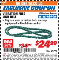Harbor Freight ITC Coupon VIBRATION FREE LINK BELT Lot No. 43771 Expired: 5/31/19 - $24.99