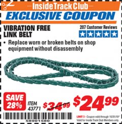 Harbor Freight ITC Coupon VIBRATION FREE LINK BELT Lot No. 43771 Expired: 10/31/19 - $24.99