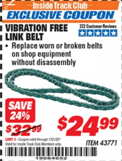 Harbor Freight ITC Coupon VIBRATION FREE LINK BELT Lot No. 43771 Expired: 1/31/20 - $24.99