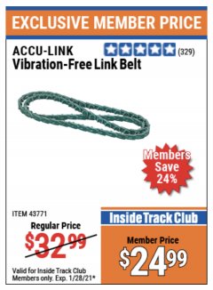 Harbor Freight ITC Coupon VIBRATION FREE LINK BELT Lot No. 43771 Expired: 1/28/21 - $24.99