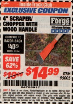 Harbor Freight ITC Coupon 4" SCRAPER/CHOPPER WITH WOOD HANDLE Lot No. 95005 Expired: 7/31/19 - $14.99