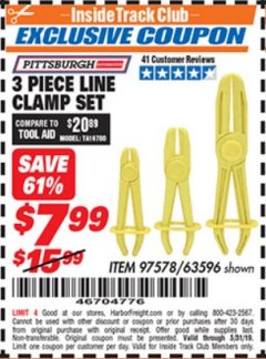 Harbor Freight ITC Coupon 3 PIECE LINE CLAMP SET Lot No. 97578/63596 Expired: 5/31/19 - $7.99