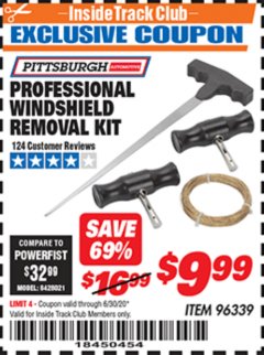 Harbor Freight ITC Coupon PROFESSIONAL WINDSHIELD REMOVAL KIT Lot No. 96339 Expired: 6/30/20 - $9.99