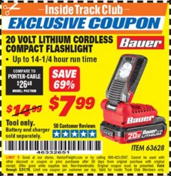 Harbor Freight ITC Coupon 20 VOLT LITHIUM CORDLESS COMPACT FLASHLIGHT Lot No. 63628 Expired: 5/31/19 - $7.99