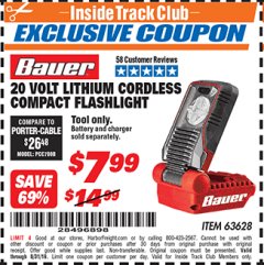 Harbor Freight ITC Coupon 20 VOLT LITHIUM CORDLESS COMPACT FLASHLIGHT Lot No. 63628 Expired: 8/31/19 - $7.99