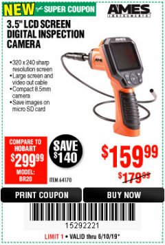 Harbor Freight Coupon 3.5" DIGITAL INSPECTION CAMERA WITH RECORDER Lot No. 64170 Expired: 6/10/19 - $159.99