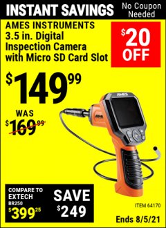 Harbor Freight Coupon 3.5" DIGITAL INSPECTION CAMERA WITH RECORDER Lot No. 64170 Expired: 8/5/21 - $149.99